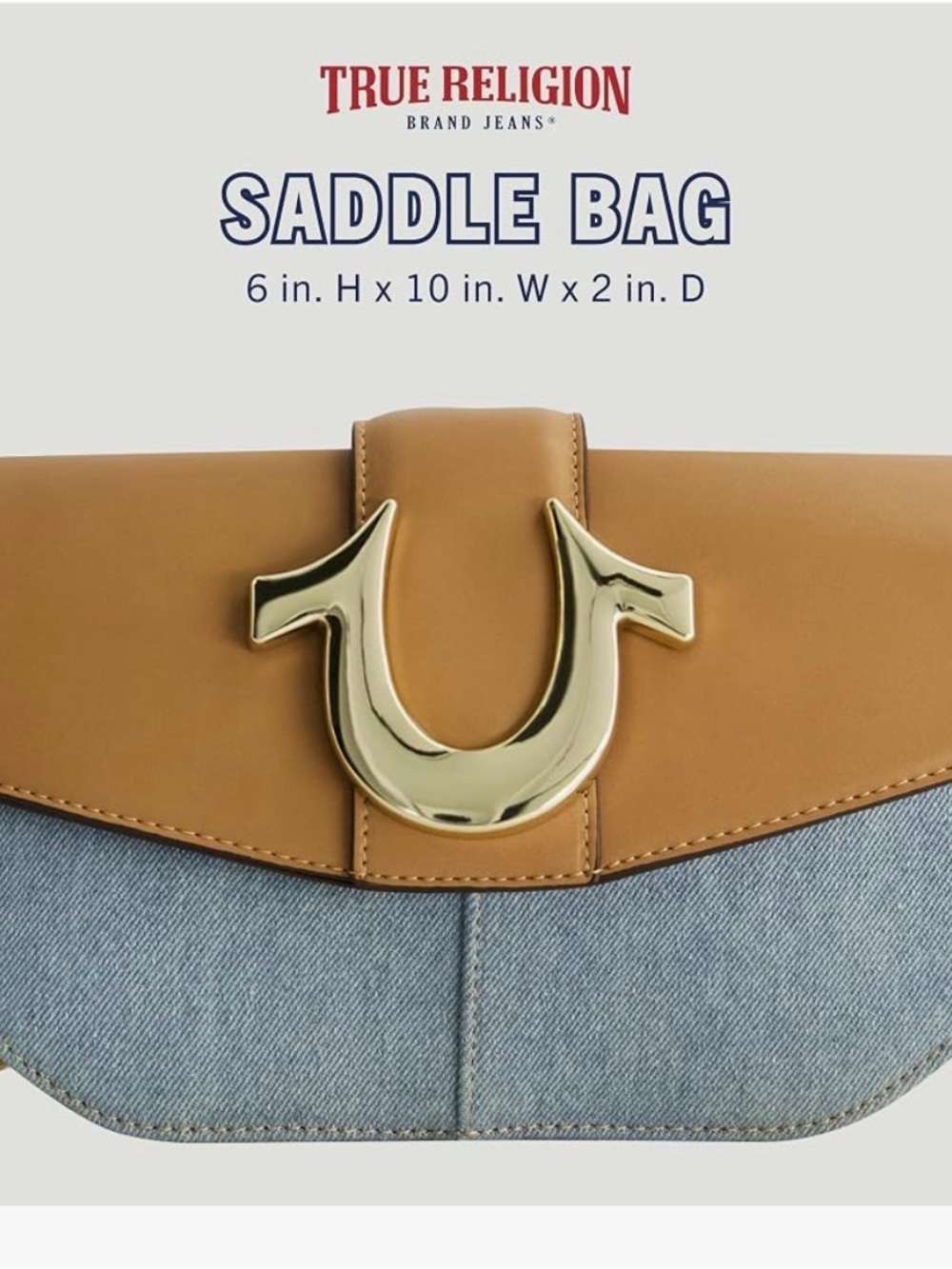 True Religion Tan Leather and Light Denim Saddle Crossbody Bag